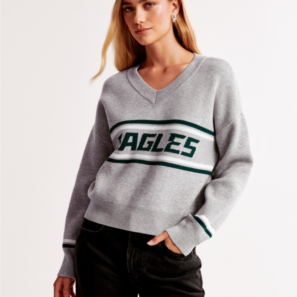 Abercrombie & Fitch Gray V-Neck Sweater with Green Stripe and 'EAGLES'